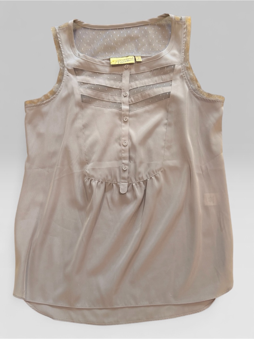 Vera Wang Light Beige Sheer Yoke Button-Front Sleeveless Top
